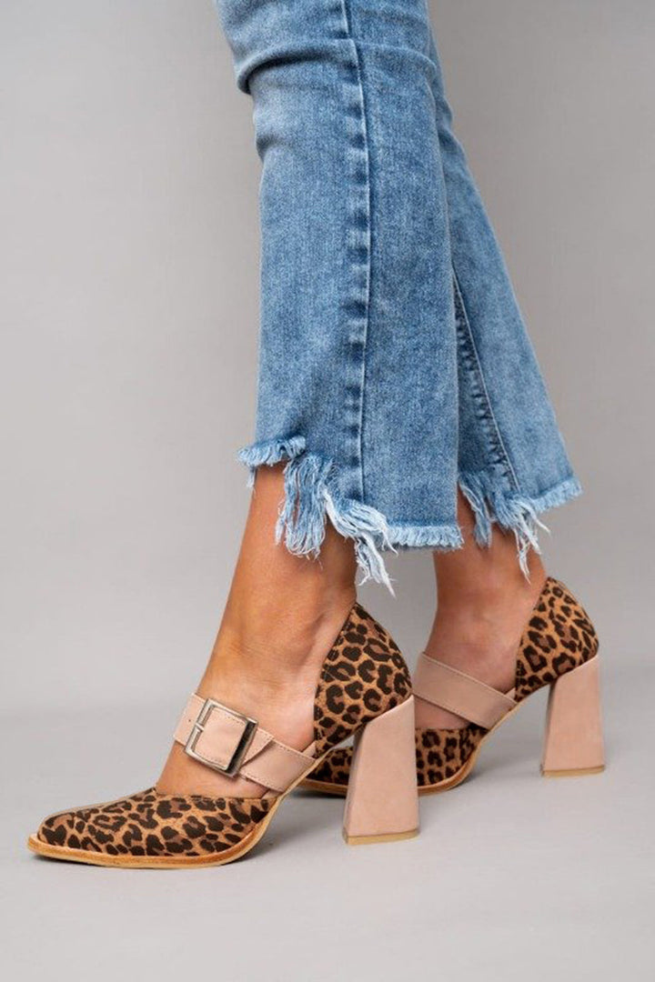 Selveta | Suede sandals with leopard pattern and stable heel