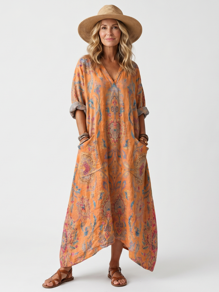 ARIA | Notch Neck Printed Oversized Pocket Midi Dress