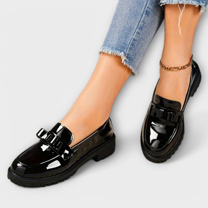Black Patent Leather Women's Loafers with Bow