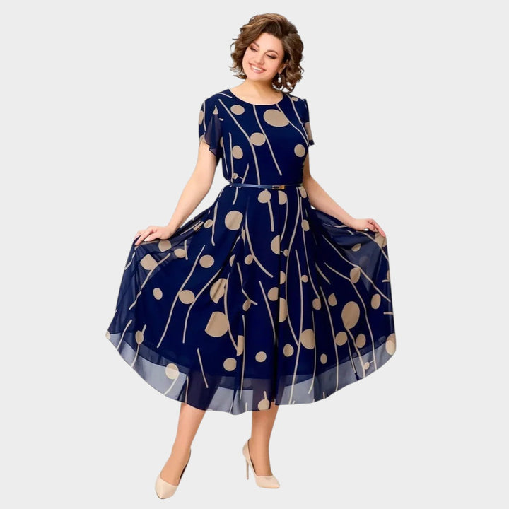 HARPER | NAVY POLKA DOT PRINT CHIFFON MIDI DRESS