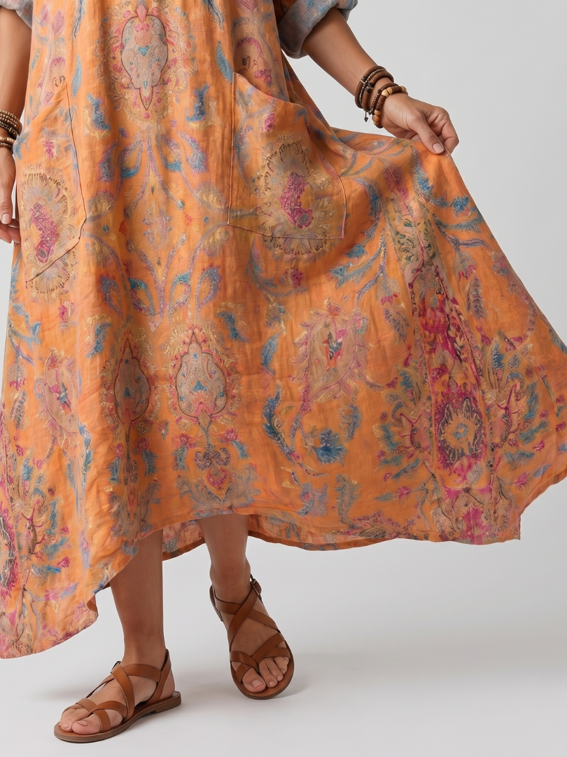 ARIA | Notch Neck Printed Oversized Pocket Midi Dress