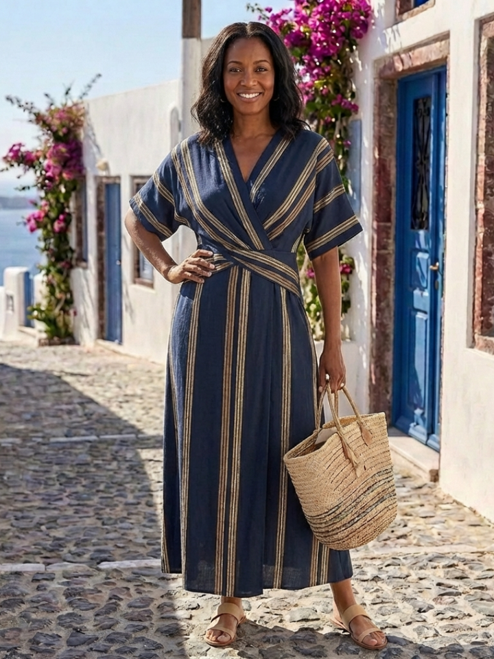 Sloane | V-neck striped midi dress with short sleeves