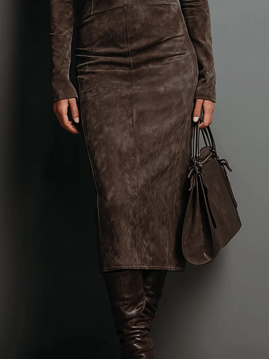 Rosalind | Midi Suede Dress with High Collar