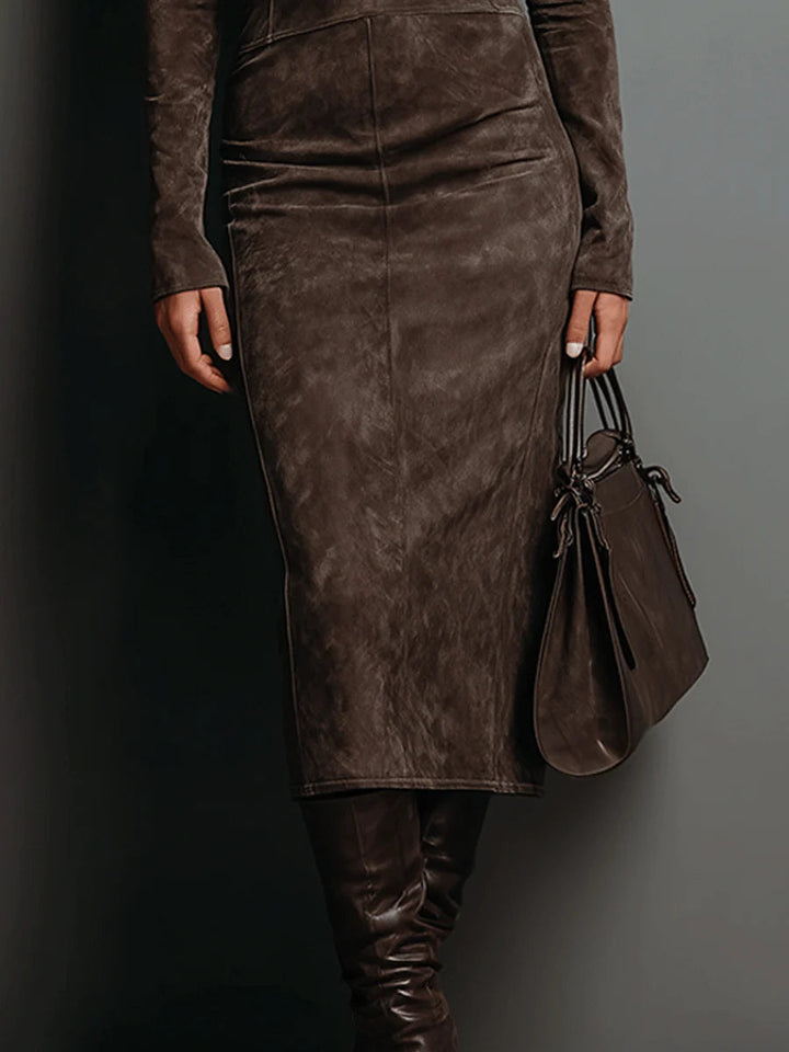 Rosalind | Midi Suede Dress with High Collar