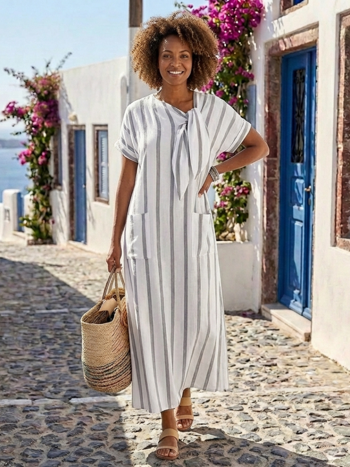 Remi | Striped midi dress with tied collar and pockets