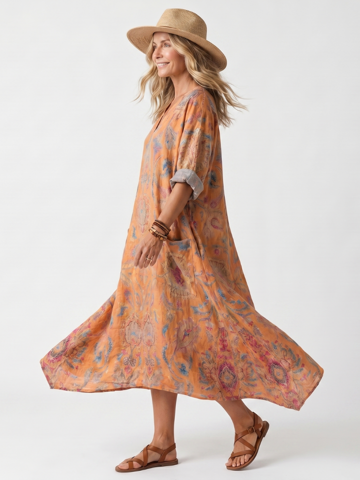 ARIA | Notch Neck Printed Oversized Pocket Midi Dress
