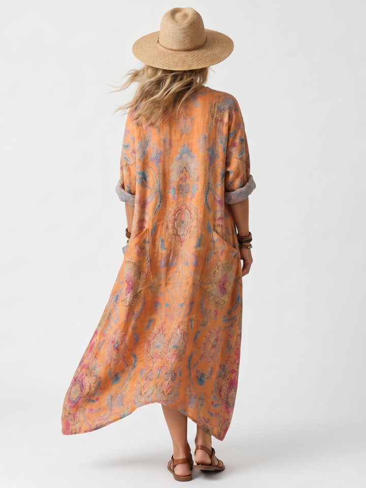 ARIA | Notch Neck Printed Oversized Pocket Midi Dress