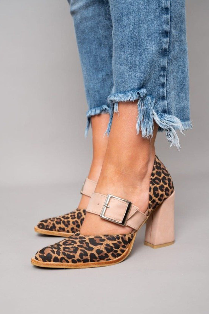 Selveta | Suede sandals with leopard pattern and stable heel