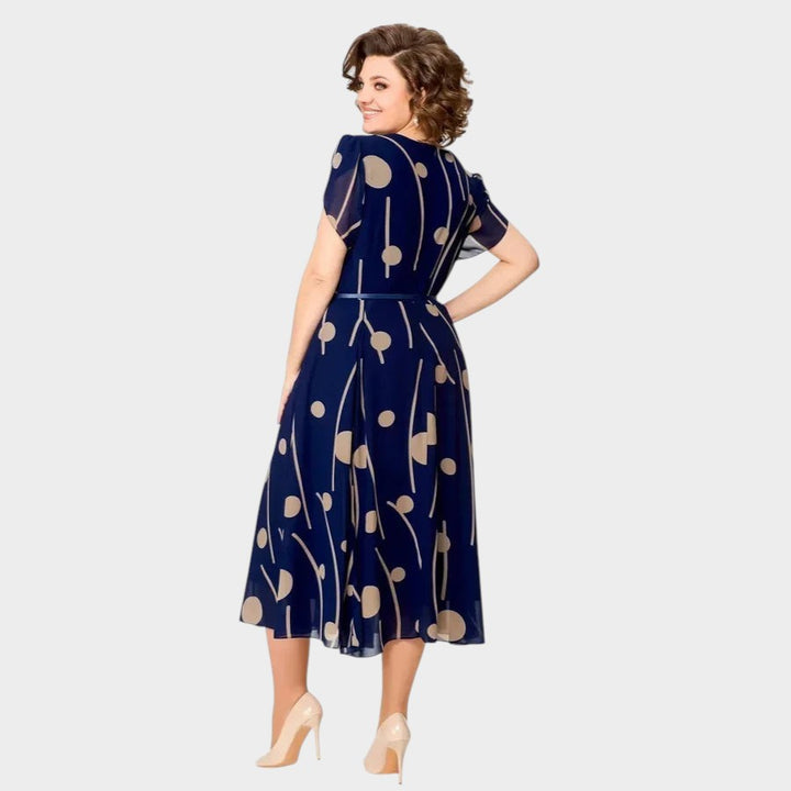 HARPER | NAVY POLKA DOT PRINT CHIFFON MIDI DRESS