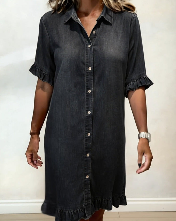 Journee | Comfortable denim dress with flattering draping