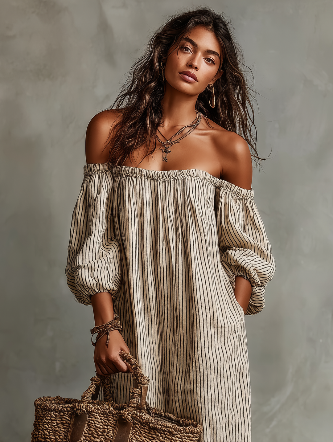 Kaia | Long cotton and linen dress with off-the-shoulder design