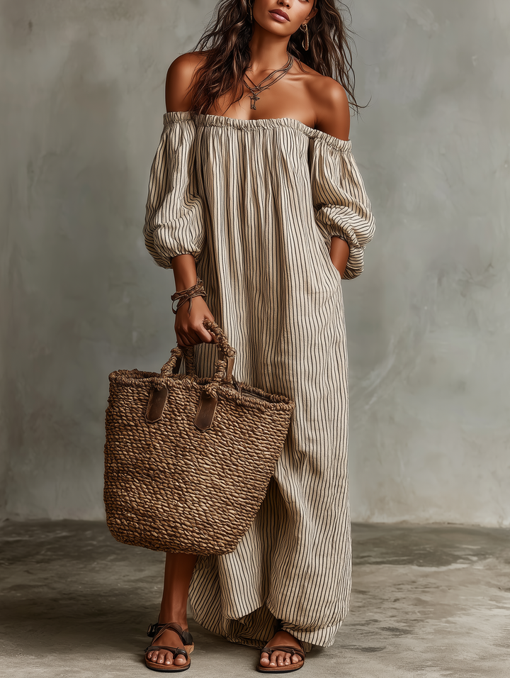 Kaia | Long cotton and linen dress with off-the-shoulder design