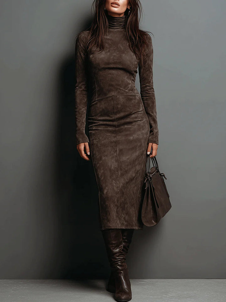 Rosalind | Midi Suede Dress with High Collar