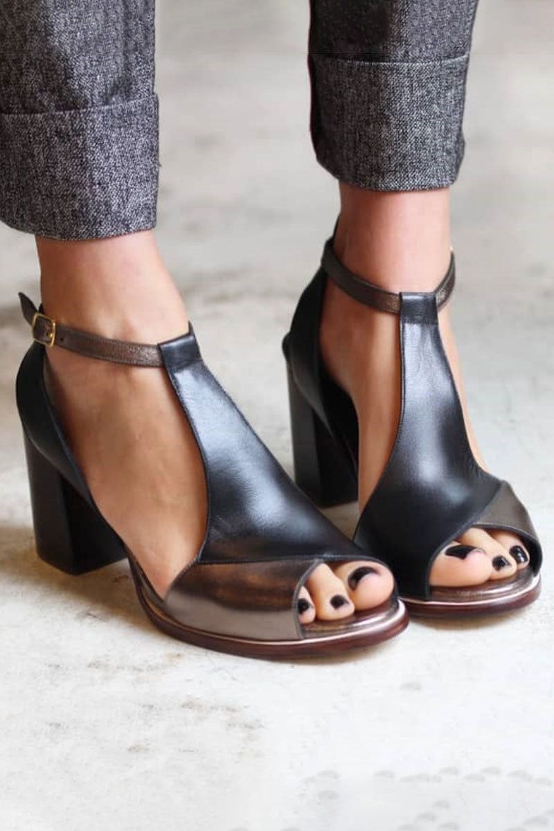 Nadja | Black high-heeled sandals with open toe in patchwork