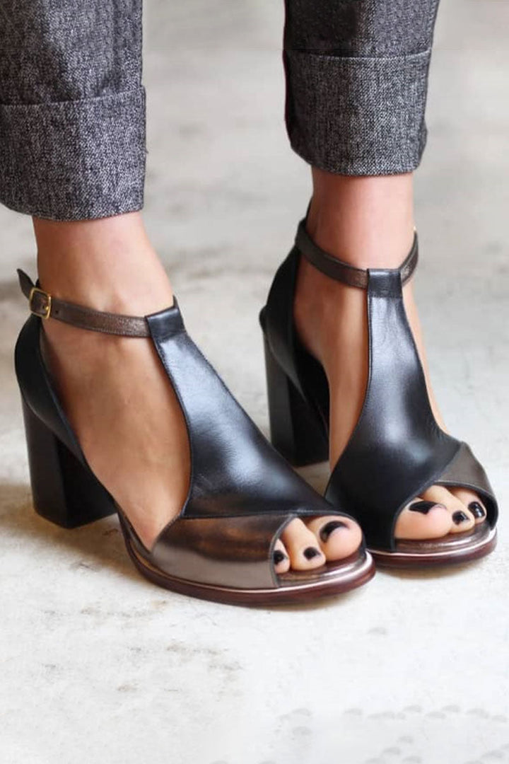 Nadja | Black high-heeled sandals with open toe in patchwork