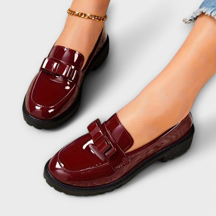 Black Patent Leather Women's Loafers with Bow