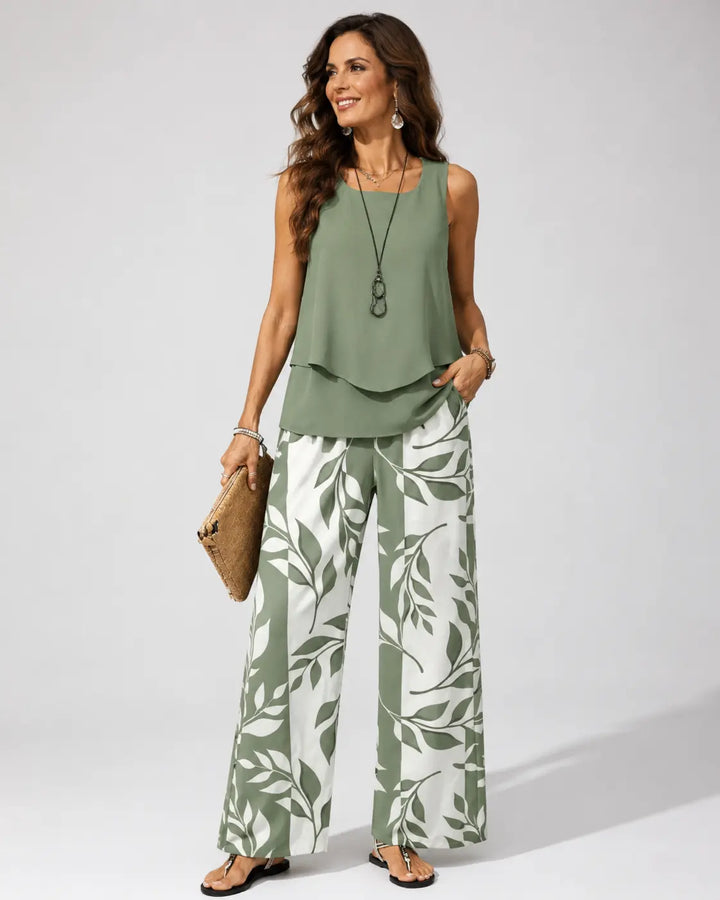 CAMILLE | Sage Green Botanical Blouse and Pants Set