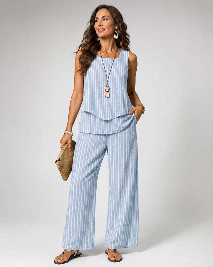 MAEVE | Blue Striped Top and Wide Leg Pants Set