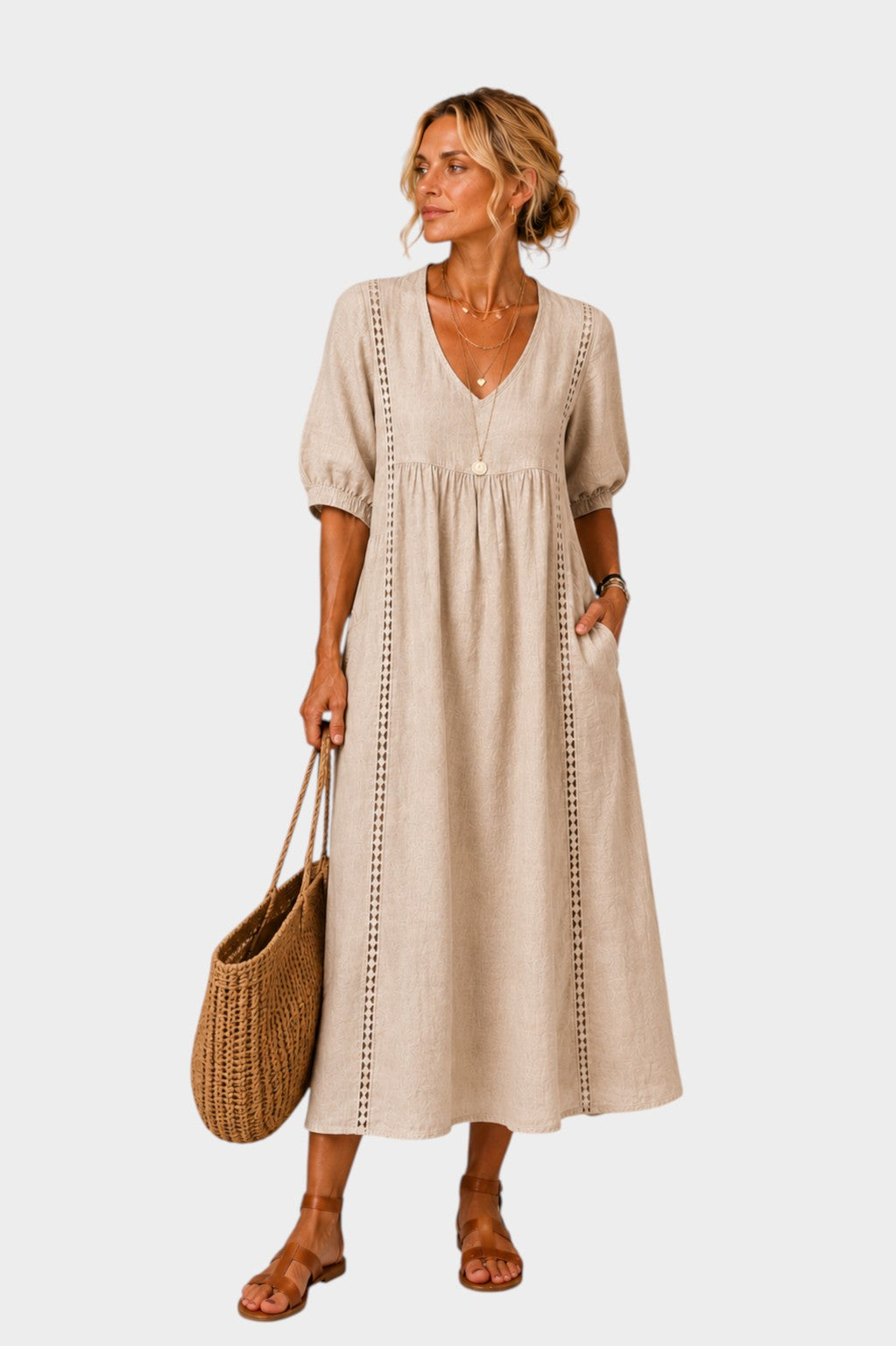 SADIE | LINEN-COTTON DRESS WITH LACE