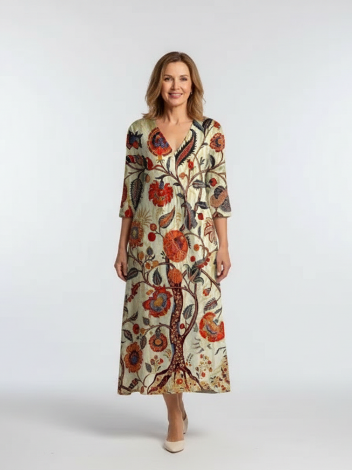 Ella | Long Sleeve V-Neck Floral Midi Dress