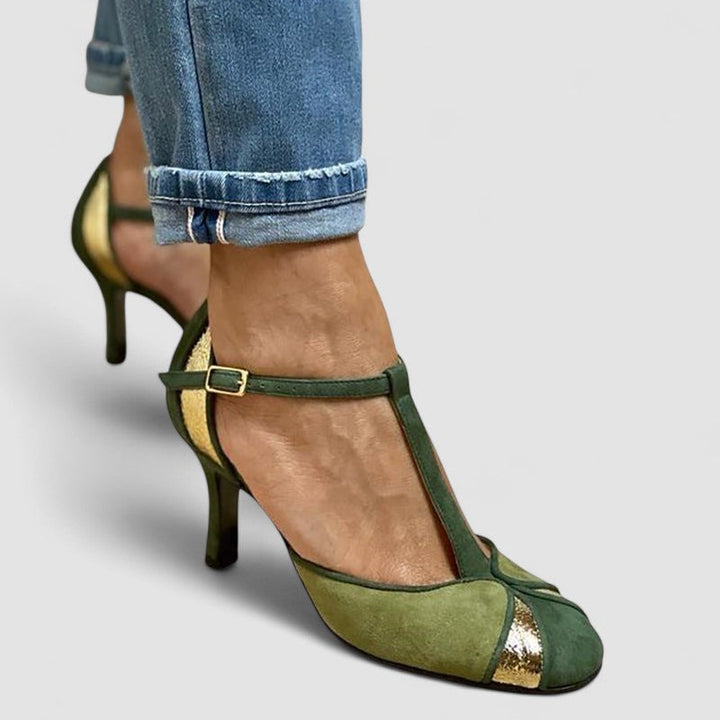 Tavia | Patchwork Heels with T-Strap and Closed Toe