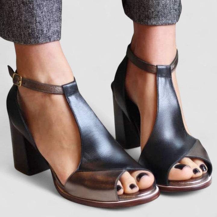 Nadja | Black high-heeled sandals with open toe in patchwork