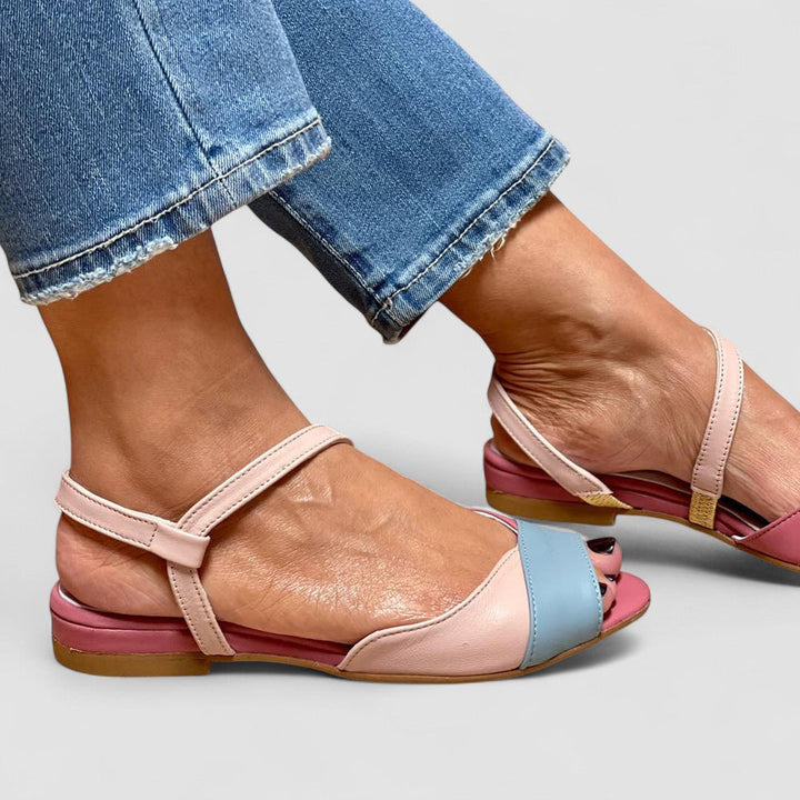 Roselina | Asymmetrical Pink Sandals in Color-Block Style