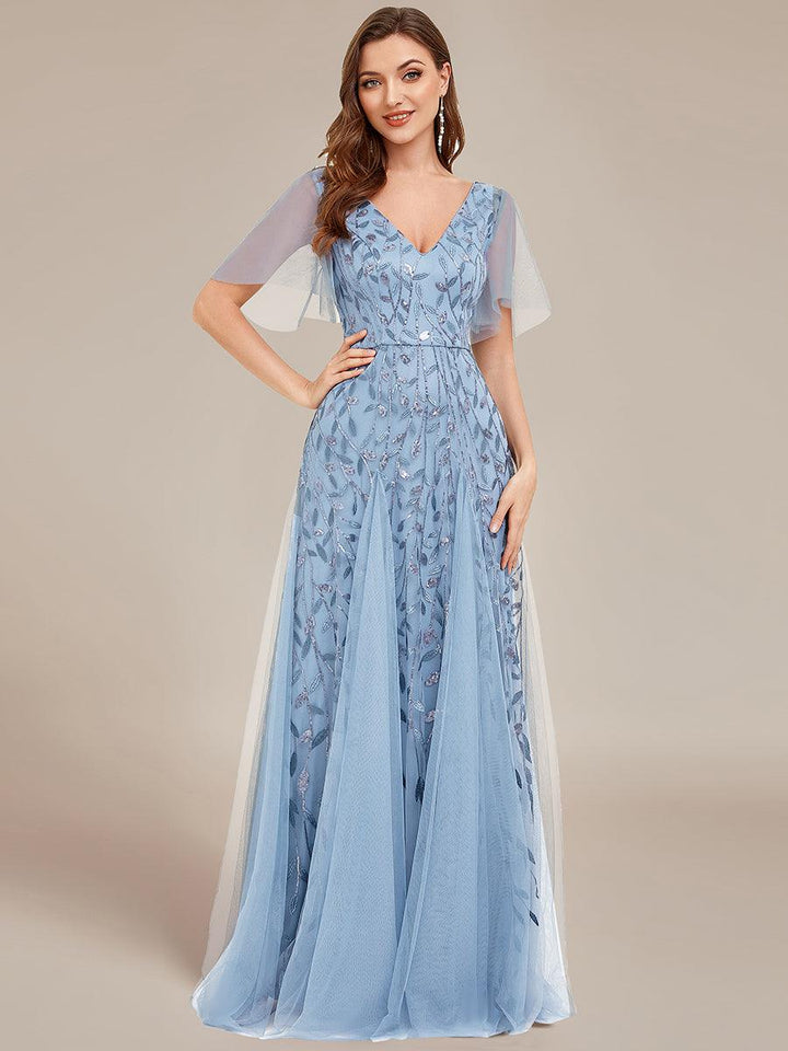 Kaylee | Long Romantic Shimmering Evening Dress with V-Neck and Straps