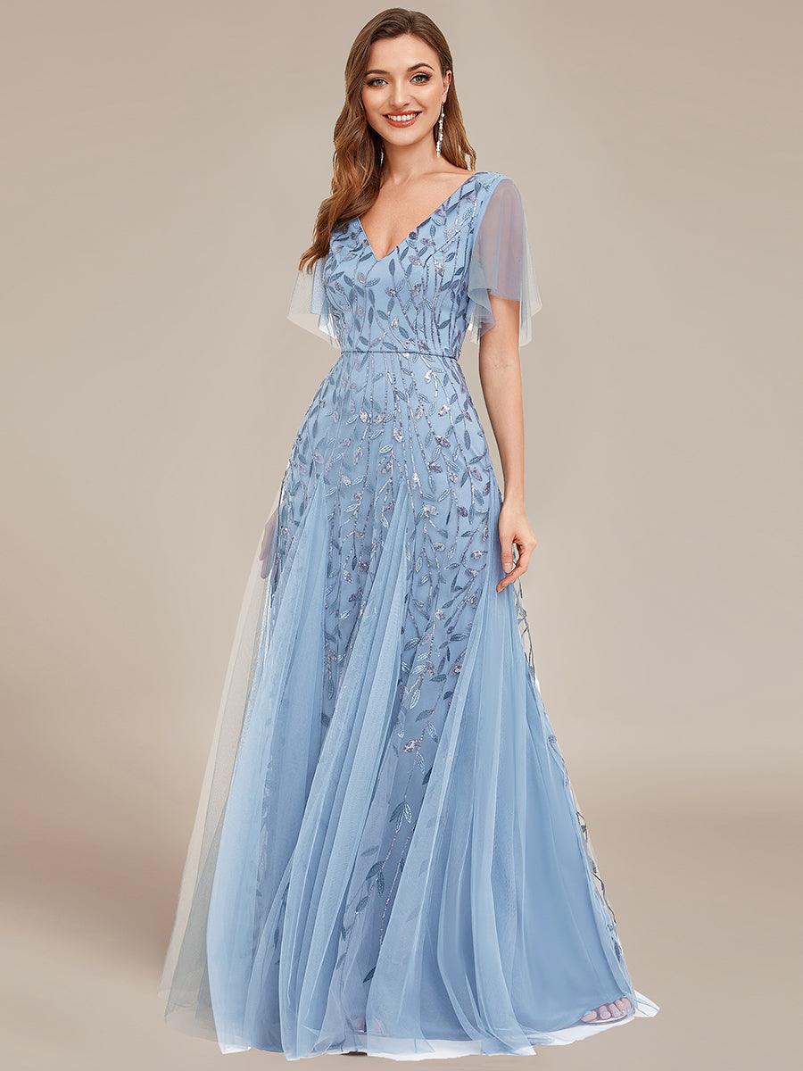 Kaylee | Long Romantic Shimmering Evening Dress with V-Neck and Straps