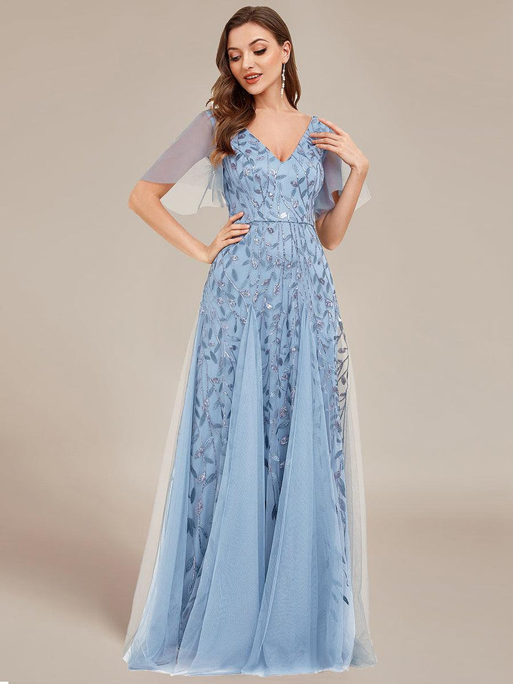 Kaylee | Long Romantic Shimmering Evening Dress with V-Neck and Straps