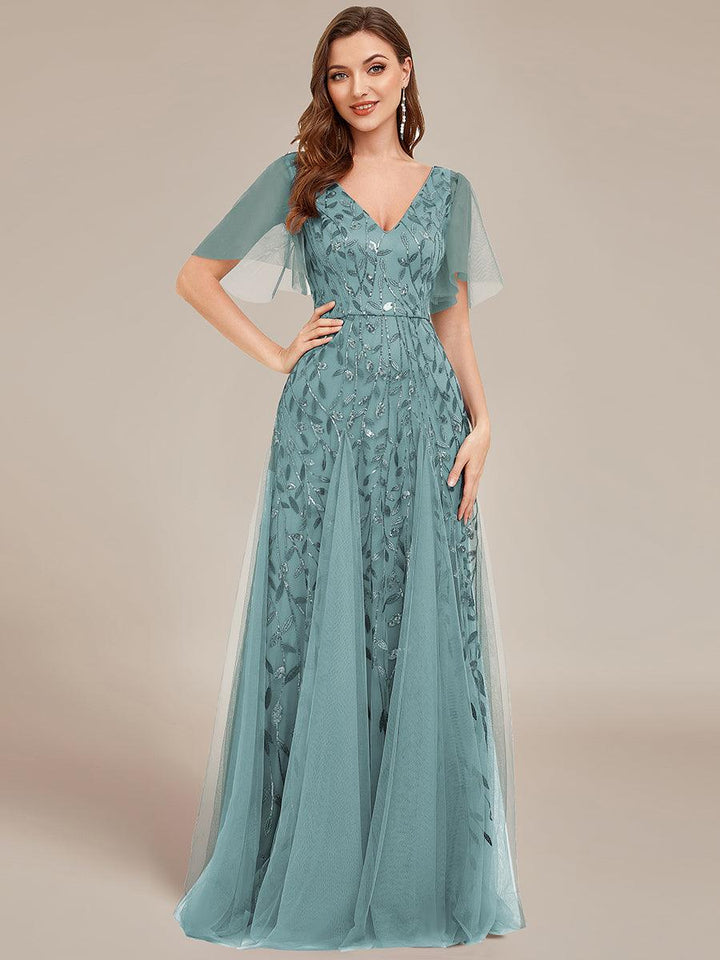 Kaylee | Long Romantic Shimmering Evening Dress with V-Neck and Straps