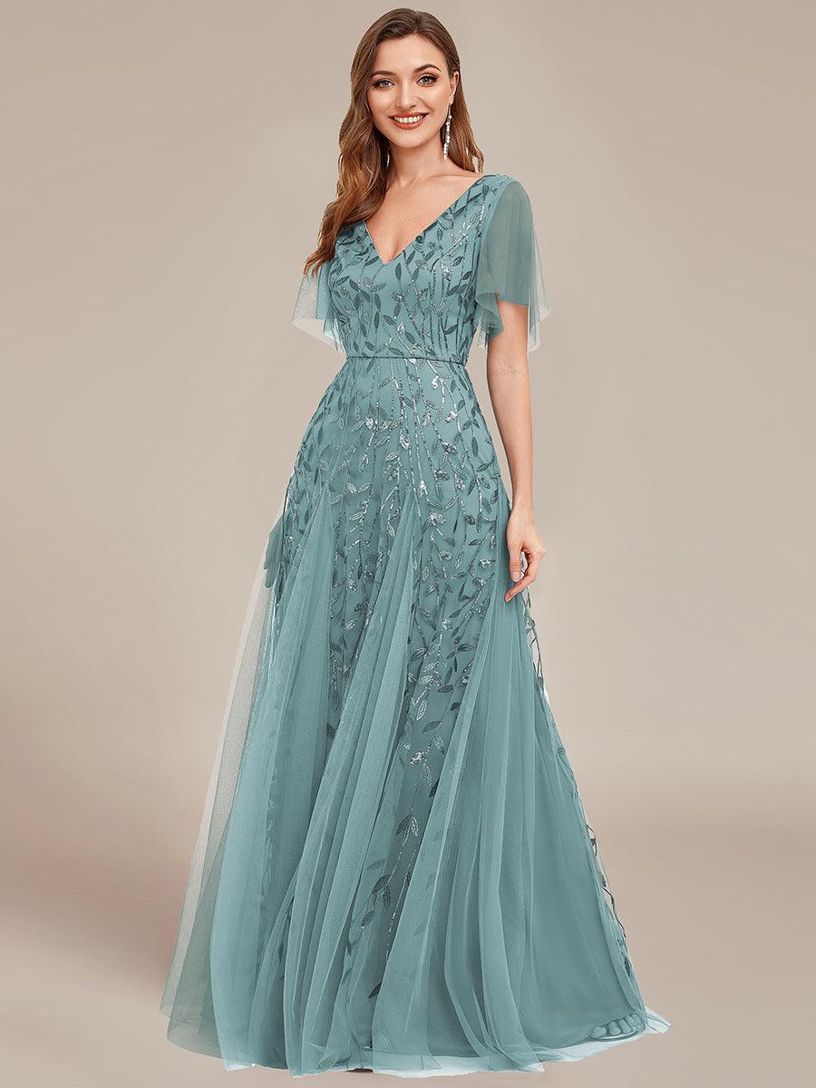Kaylee | Long Romantic Shimmering Evening Dress with V-Neck and Straps