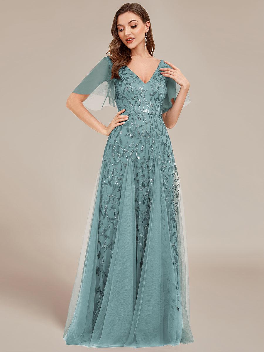 Kaylee | Long Romantic Shimmering Evening Dress with V-Neck and Straps