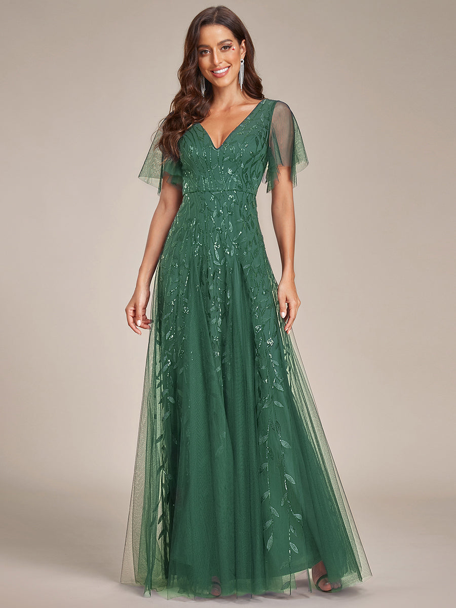Kaylee | Long Romantic Shimmering Evening Dress with V-Neck and Straps