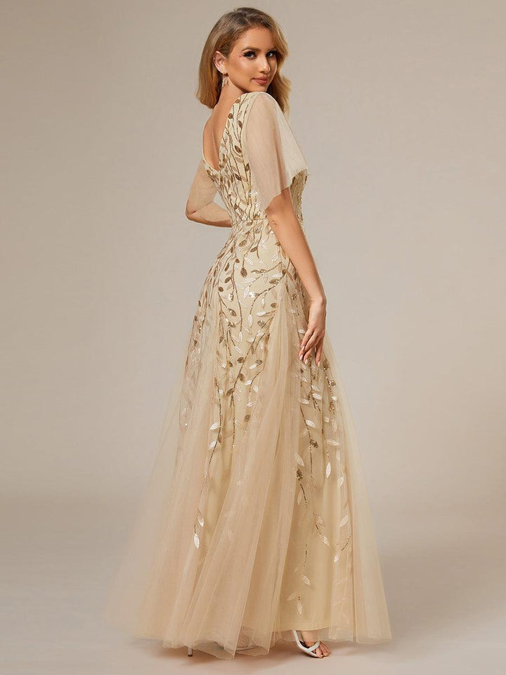 Kaylee | Long Romantic Shimmering Evening Dress with V-Neck and Straps