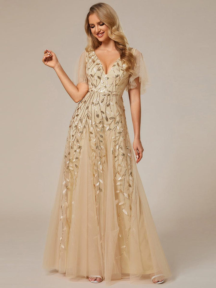 Kaylee | Long Romantic Shimmering Evening Dress with V-Neck and Straps
