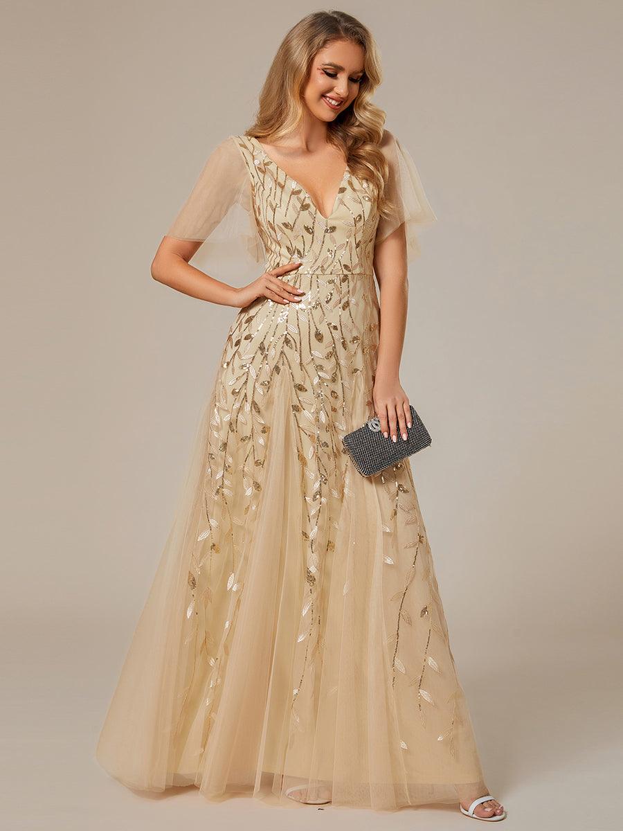 Kaylee | Long Romantic Shimmering Evening Dress with V-Neck and Straps