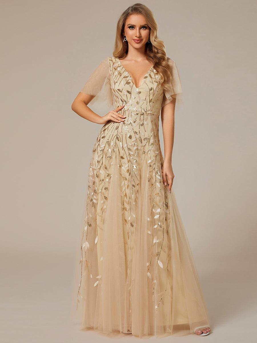 Kaylee | Long Romantic Shimmering Evening Dress with V-Neck and Straps