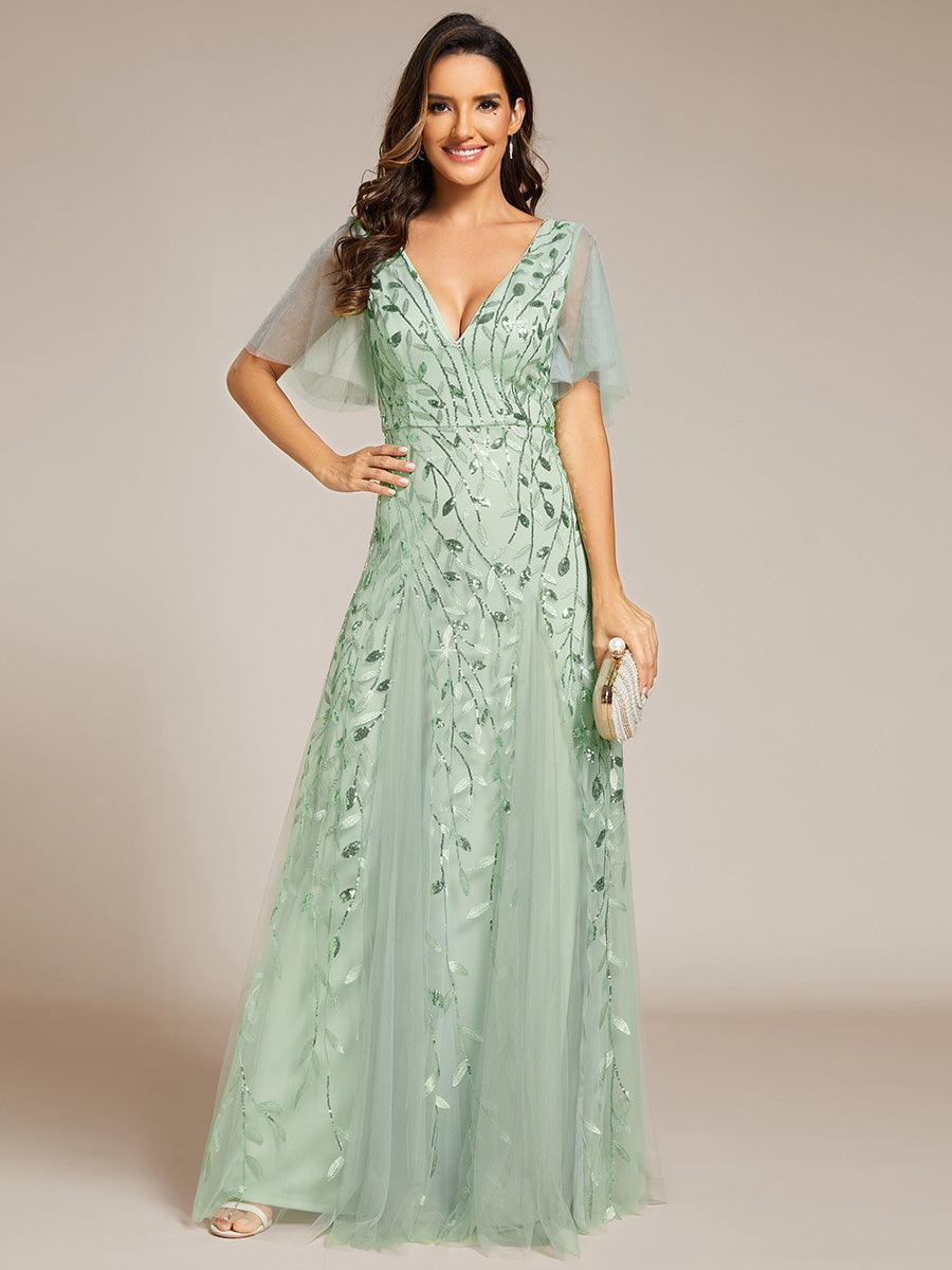 Kaylee | Long Romantic Shimmering Evening Dress with V-Neck and Straps