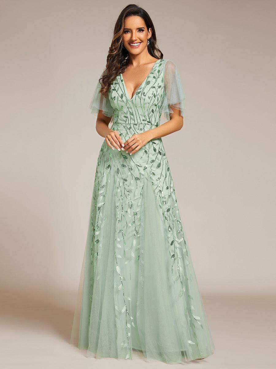 Kaylee | Long Romantic Shimmering Evening Dress with V-Neck and Straps