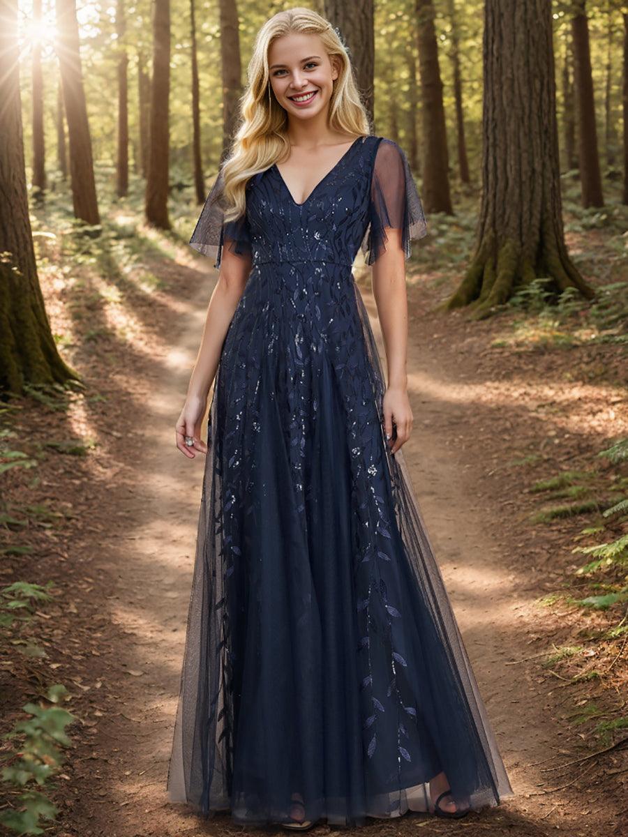 Kaylee | Long Romantic Shimmering Evening Dress with V-Neck and Straps