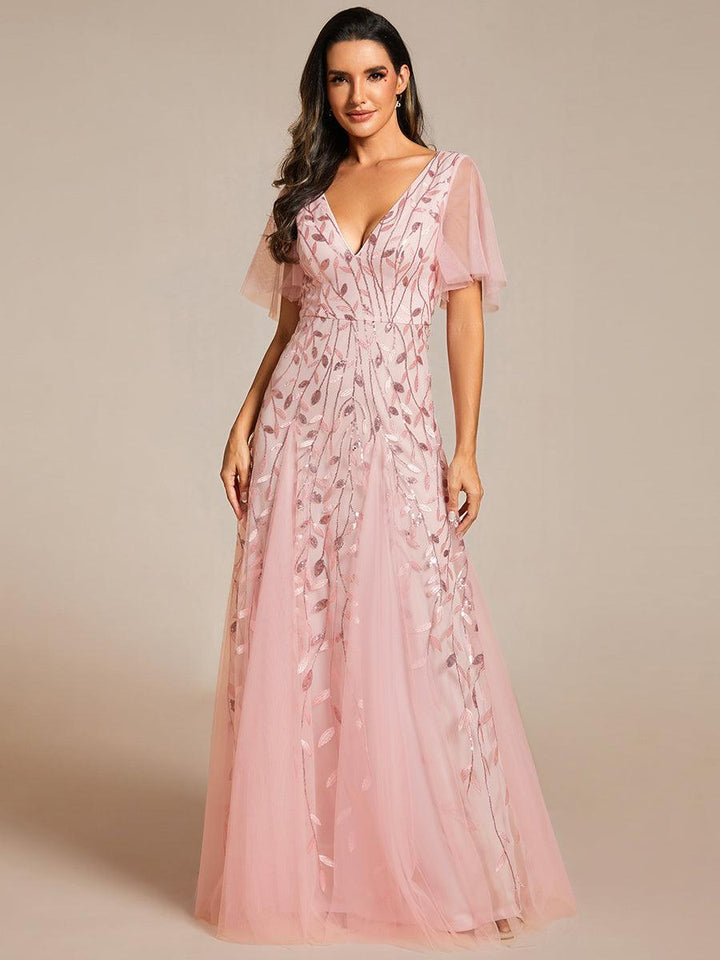 Kaylee | Long Romantic Shimmering Evening Dress with V-Neck and Straps