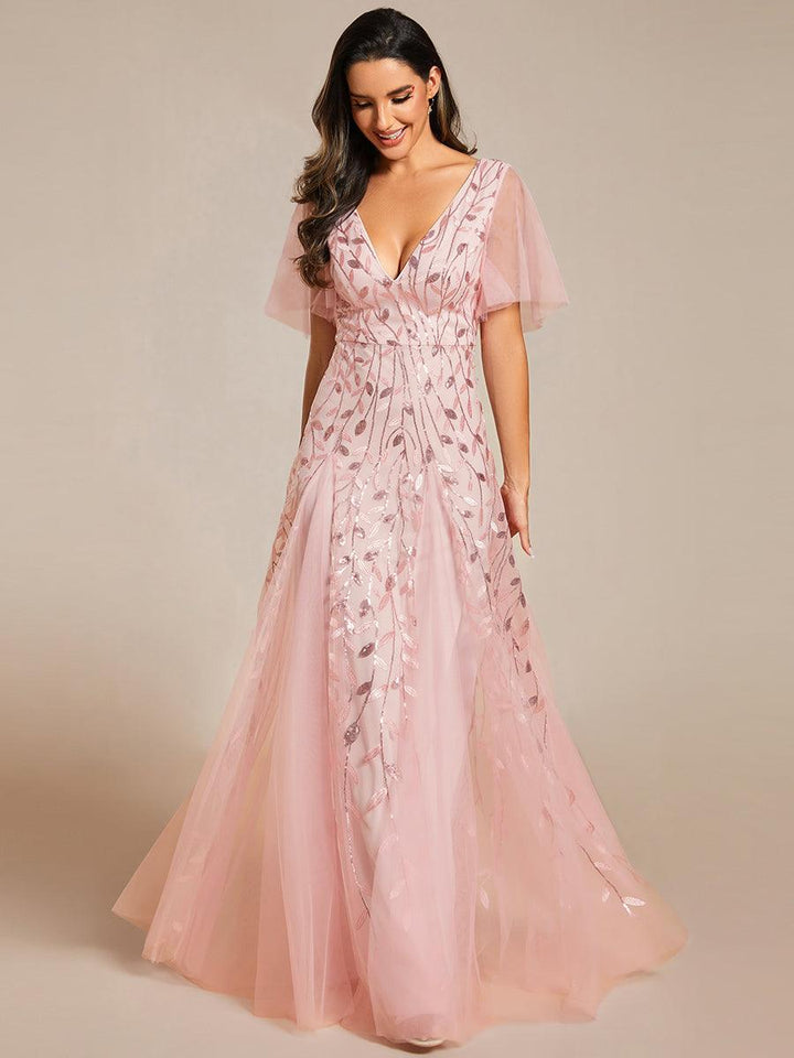Kaylee | Long Romantic Shimmering Evening Dress with V-Neck and Straps