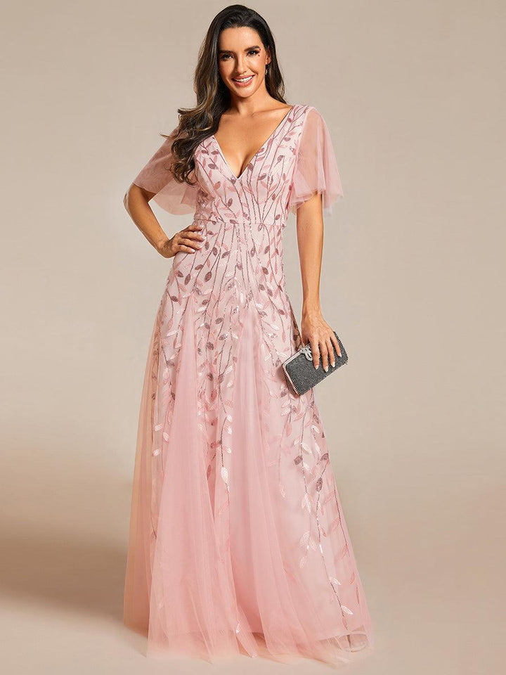 Kaylee | Long Romantic Shimmering Evening Dress with V-Neck and Straps