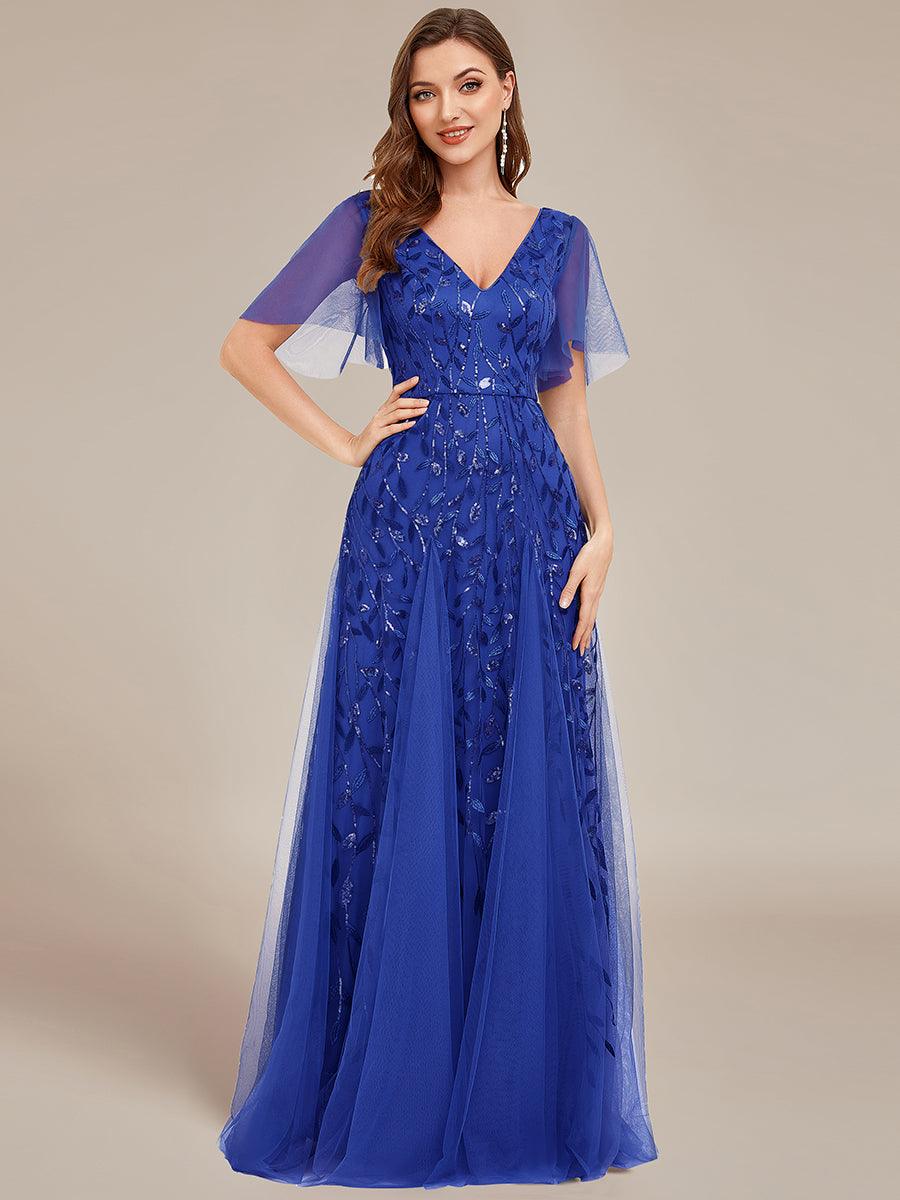 Kaylee | Long Romantic Shimmering Evening Dress with V-Neck and Straps