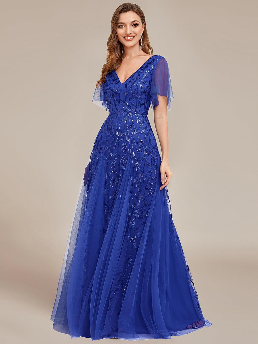 Kaylee | Long Romantic Shimmering Evening Dress with V-Neck and Straps