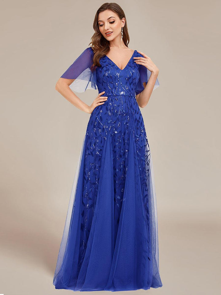 Kaylee | Long Romantic Shimmering Evening Dress with V-Neck and Straps