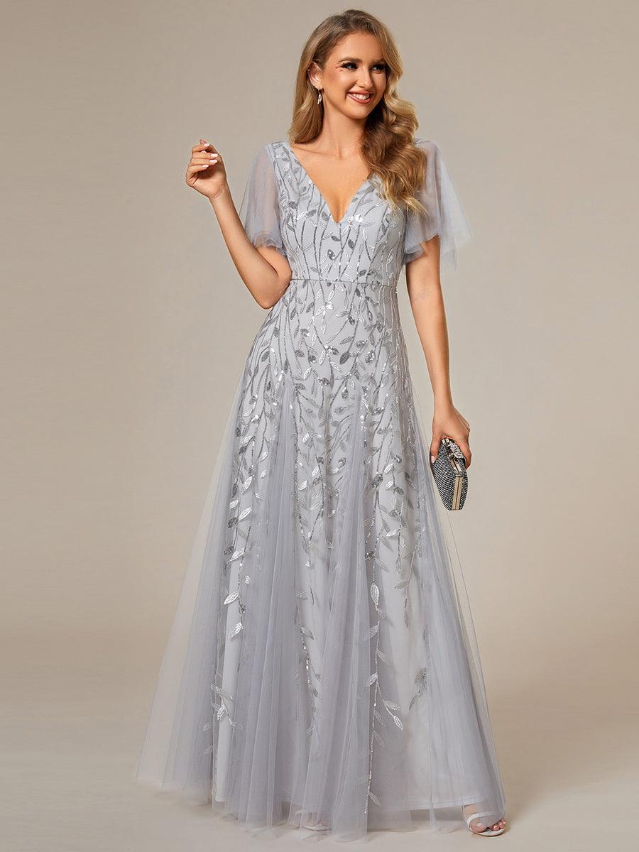 Kaylee | Long Romantic Shimmering Evening Dress with V-Neck and Straps