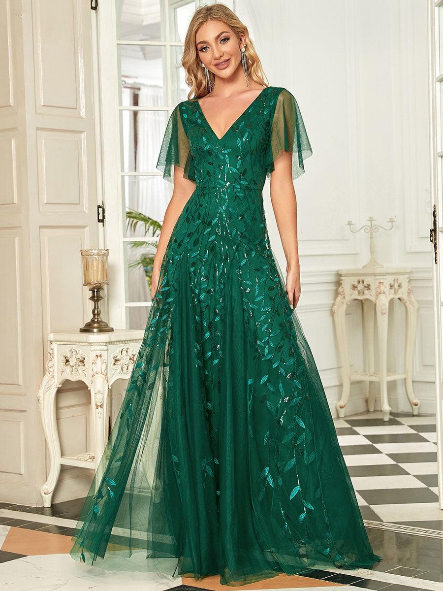 Kaylee | Long Romantic Shimmering Evening Dress with V-Neck and Straps