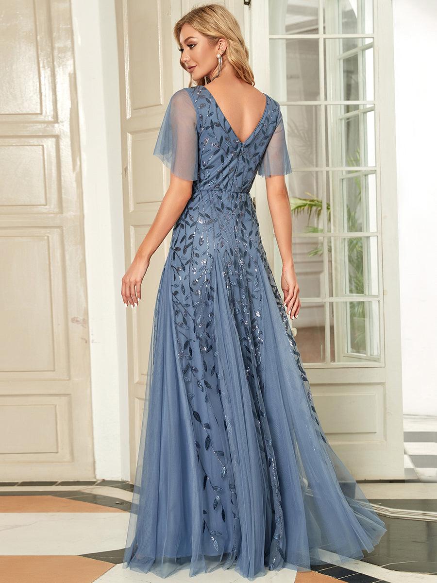 Kaylee | Long Romantic Shimmering Evening Dress with V-Neck and Straps